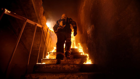 Firefighter climbing stairs in burning building