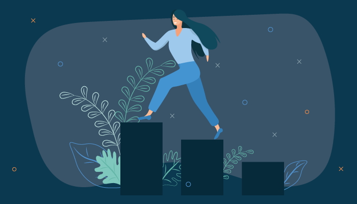 Illustration of a woman walking up steps