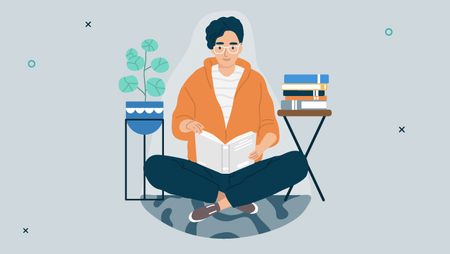 illustration of a person sitting cross-legged on the floor and reading a book