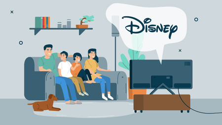 Illustration of a family of four sitting together on a couch and watching a TV with a speech bubble over that says 'Disney'