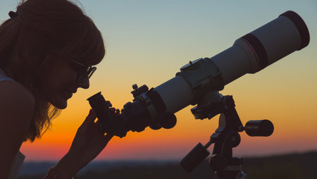 Astronomer looking at the sky through an astronomical telescope