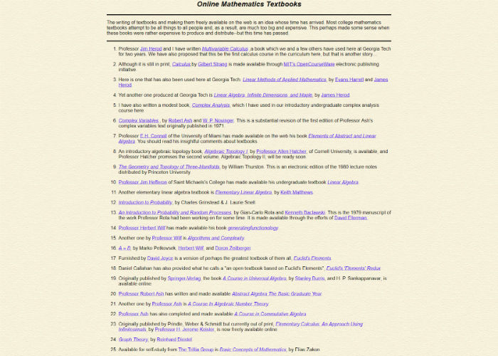 Screenshot of the Online Mathematics Textbooks webpage