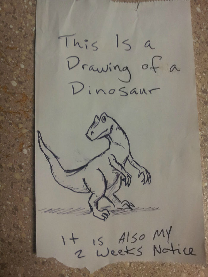 Dinosaur drawing resignation letter
