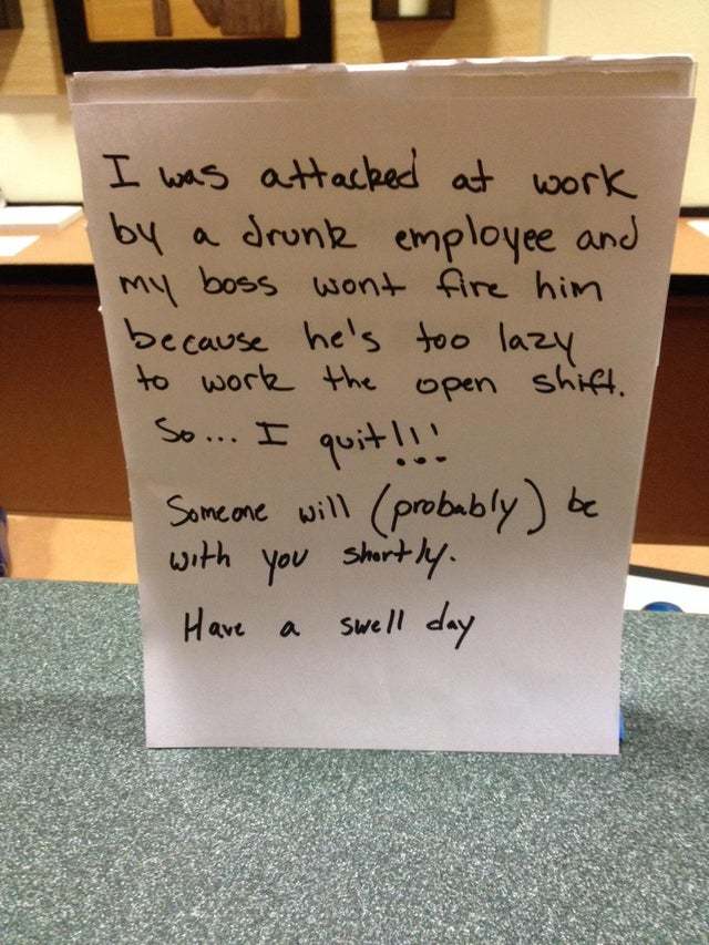 Drunk employee resignation letter