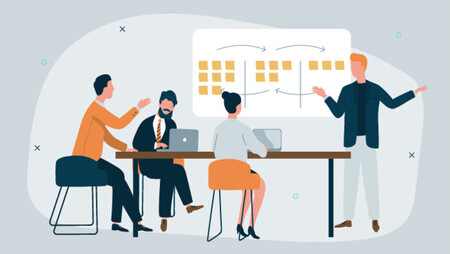 Illustration of a group people during a presentation in a meeting room