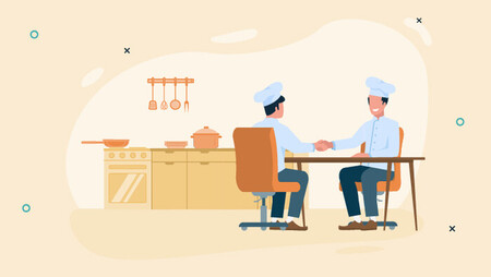 Illustration of two chefs sitting at a table in a kitchen shaking hands