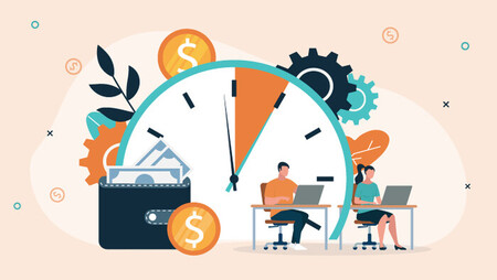 Illustration of two workers sitting at desks in front of a large clock and surrounded by dollar icons