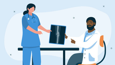 Illustrated image of medical assistant holding up xrays to a doctor