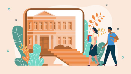 Illustration of a university building and two students walking towards it