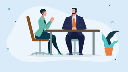 Illustrationf of a woman and a man sitting down in a meeting 