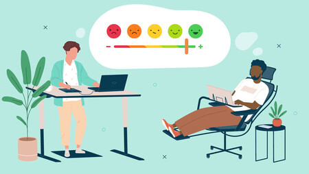 Illustration of two employees doing work, one standing by a desk and the other lying down on a chair with a happiness scale in a thought bubble