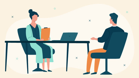 Illustration of a woman interviewing a man in an office