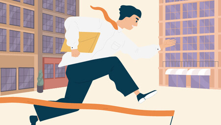 Illustration of a man carrying a folder and jumping over an obstacle