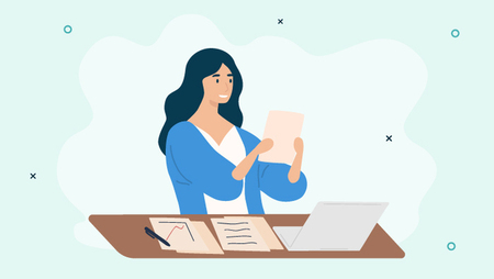 Illustration of a woman sitting at her desk, smiling and holding up some documents to look over