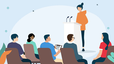 Illustration of a female motivational speaker delivering a speech to an audience
