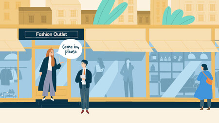 Illustration of a woman standing outside a shop with a speech bubble over her head saying 'Come in, please' and a man in front of the shop window smiling up at her