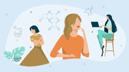 Illustration of three women surrounded by molecule, chemical and scientific symbols