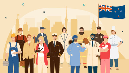 Illustration of various professionals such us a doctor, a pilot, a construction workers, a chef, a nurse, a photographer and an astronaut standing next to each other with the New Zealand flag behind them and a city skyline as a backdrop  