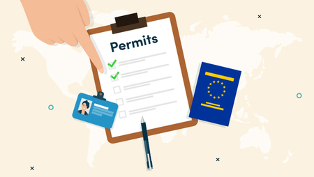 Illustration of a clipboard containing a document titled with 'Permits', an ID card and a blue passport-sized document with the EU flag