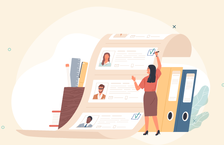 Illustration of a woman next to an enlarged roll of paper containing candidate profiles