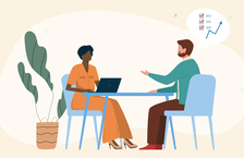 Illustration of a woman and a man sitting at a desk with a speech bubble