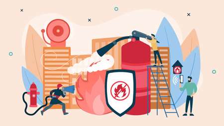 Illustration of an enlarged fire extinguisher, a man holding up his phone and another man dressed as a fire fighter running while holding up a speaker and a water hose