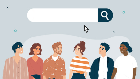 Illustration of six people standing underneath a large search bar and cursor icon