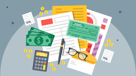 Illustration of documents, cheque, money and calculator