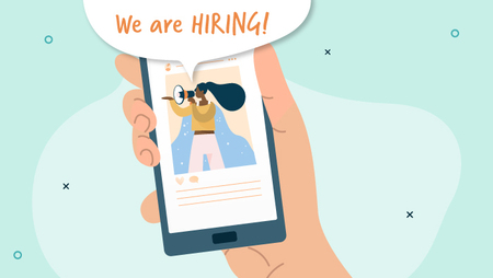 Illustration of a hand holding a phone whose screen shows a woman holding a megaphone with a speech bubble over her head that says 'We are hiring!'