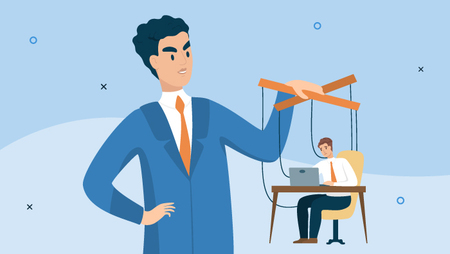 Illustration of a man puppeteering an office worker who is sitting on a desk working on his laptop 