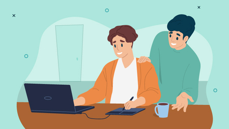Illustration of an intern sitting in front of a laptop and their supervisor standing behind them