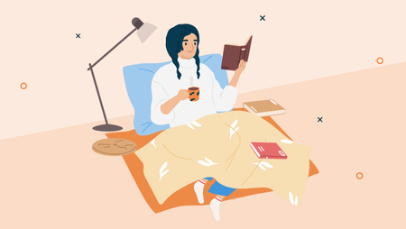 Illustration of a woman reading a book under a blanket