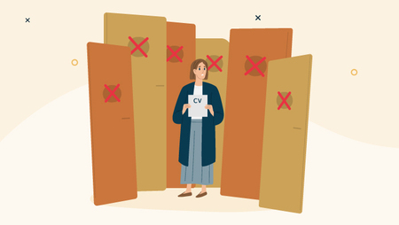 Illustration of a woman holding a CV surrounded by closed doors