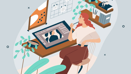 Illustration of a female graphic designer working at a desk