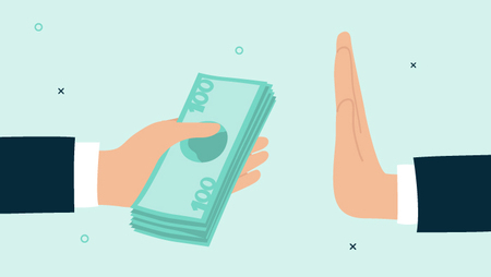 Illustration of a hand offering a money bribe and another hand refusing it