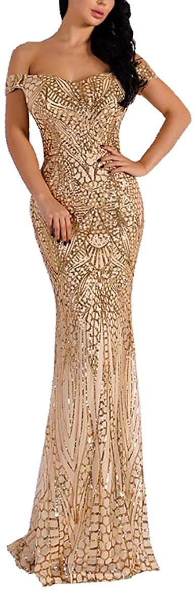 Off-shoulder sequin maxi dress by WRStore
