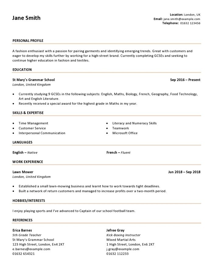 Teenager résumé template example