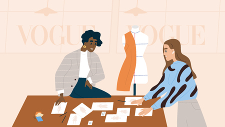 Illustration showing two women at a workstation with a mannequin and the brand Vogue in the background