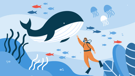 Illustration of a marine biologist scuba diving in the ocean surrounded by sea creatures.