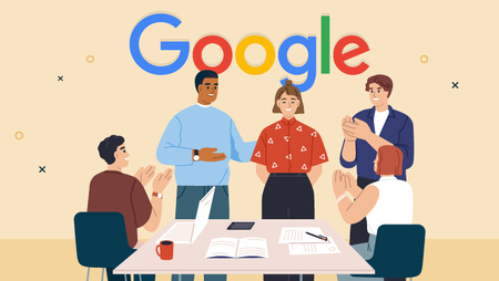 Illustration showing Google team members congratulating and meeting new employee.