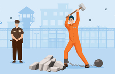 prisoner in jumpsuit doing manual labor hired by company prison officer watching