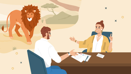 Illustration showing an interviewee imagining a lion when thinking of an animal that they could be.