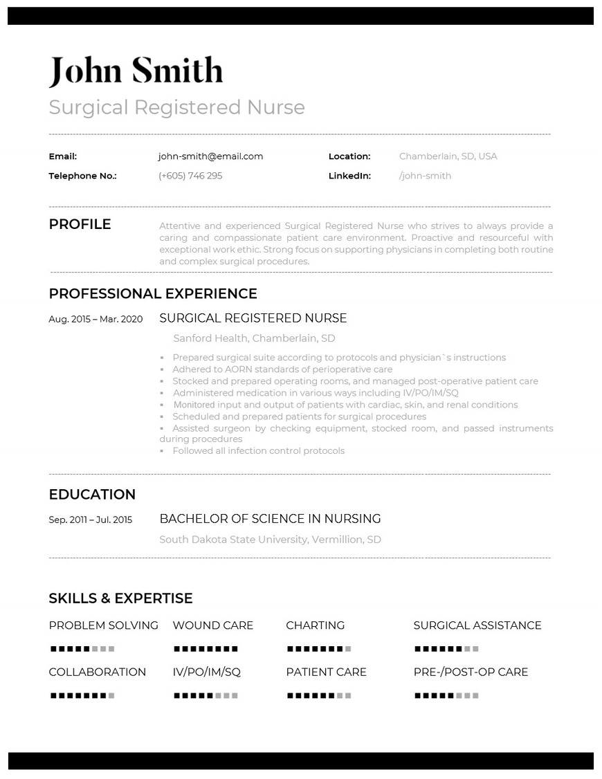 Resume/CV for a surgical registered nurse