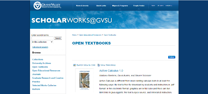 Scholarworks website screenshot where students can get books online