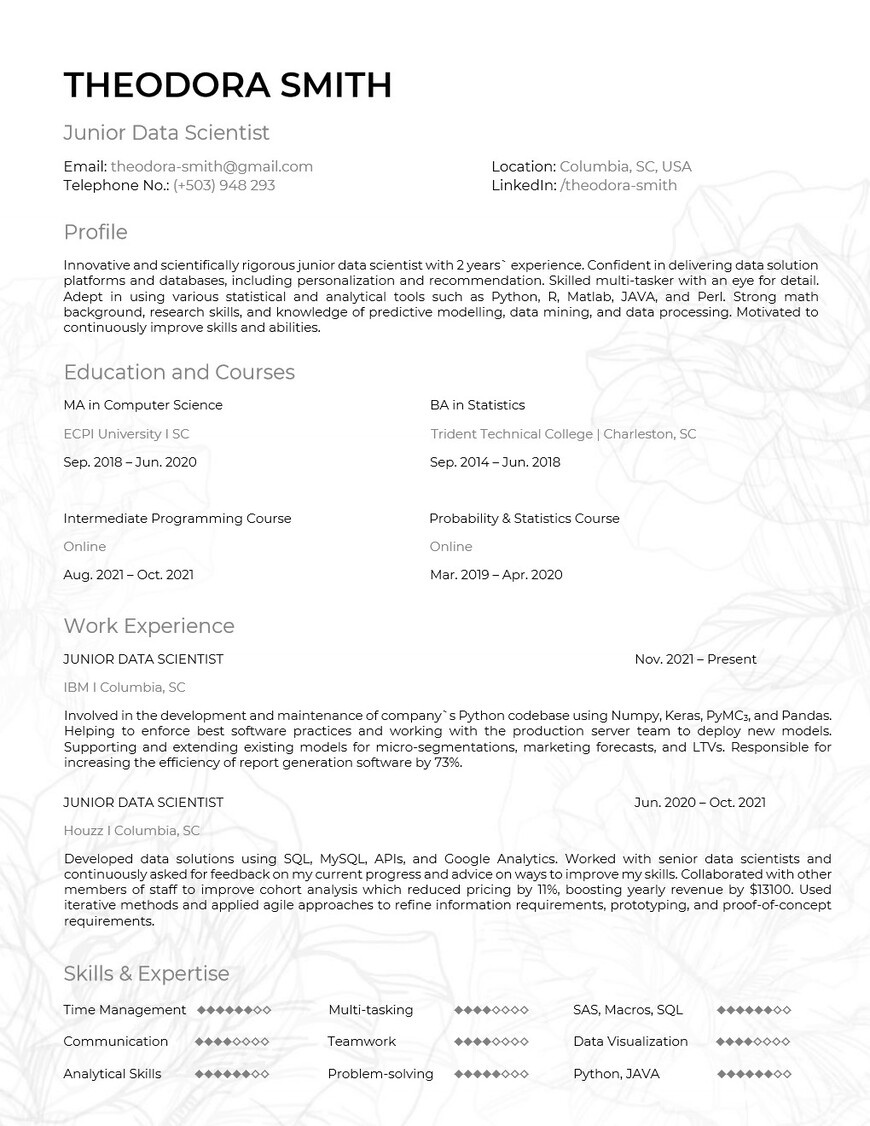 Rose style junior data scientist resume template and example