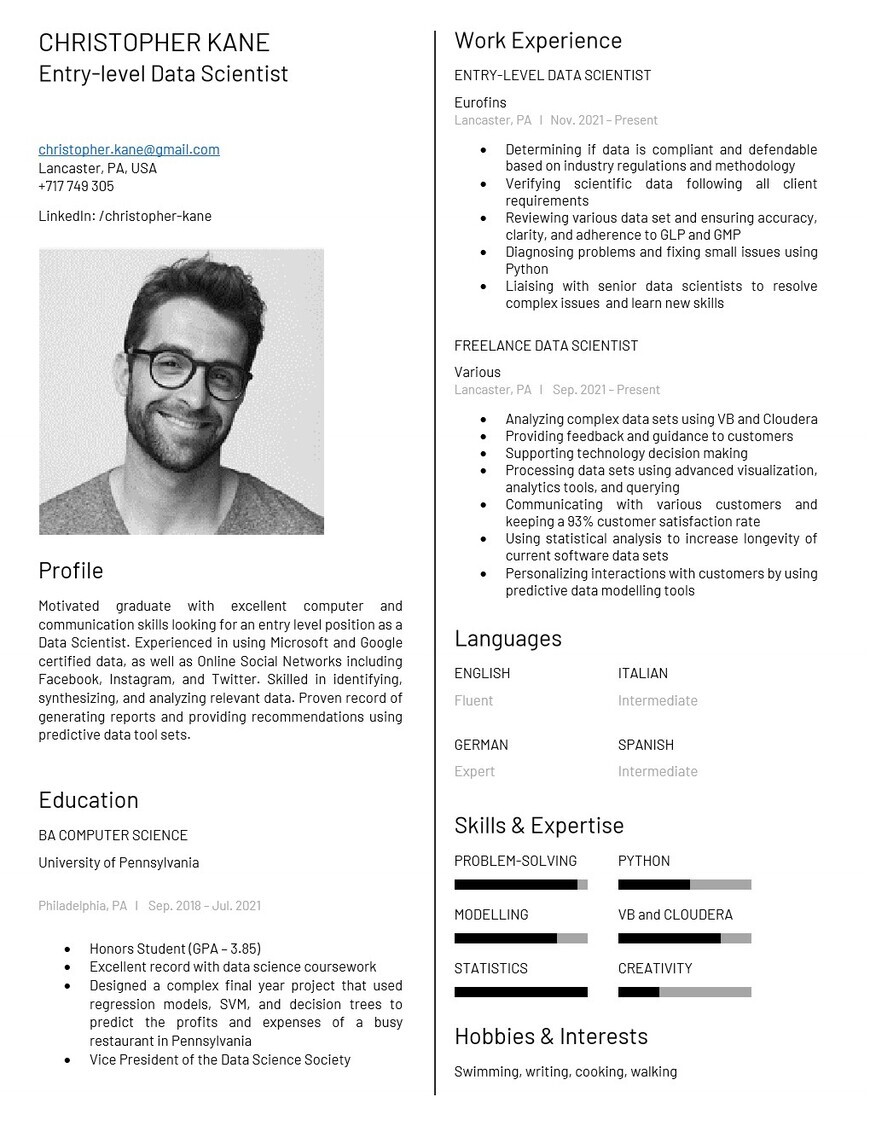 resume for entry level data scientist