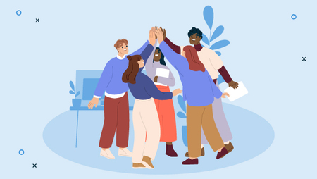A team high-fiving and demonstrating a sense of good company culture