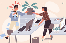 Signs of a bad internship such as an intern looking stressed out and handing a cup of coffee to a woman