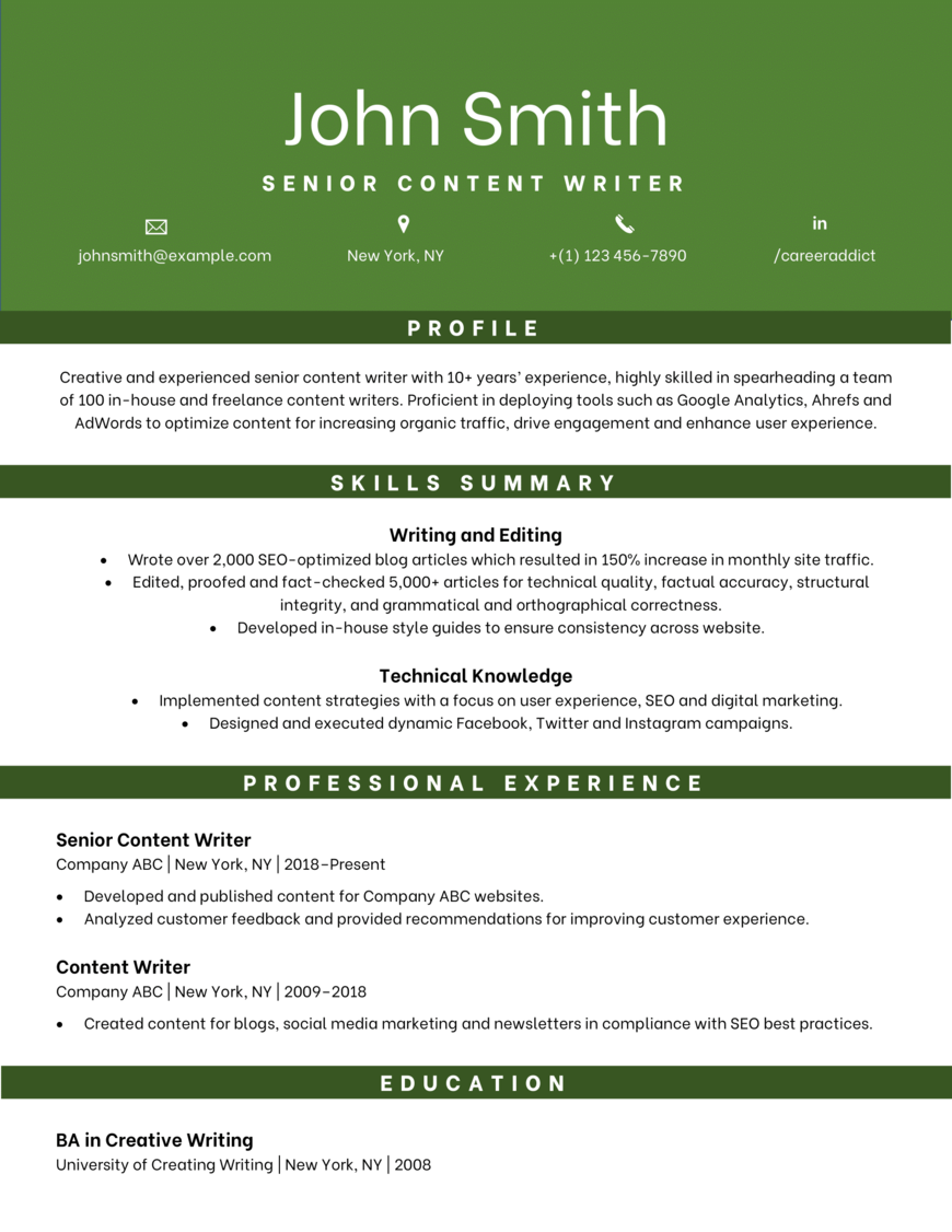 Active resume template - Content writer example