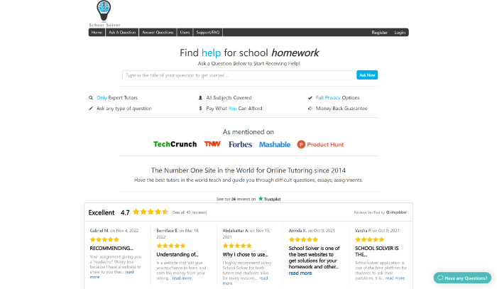 Schoolsolver website - Site that offers tutors to help with homework